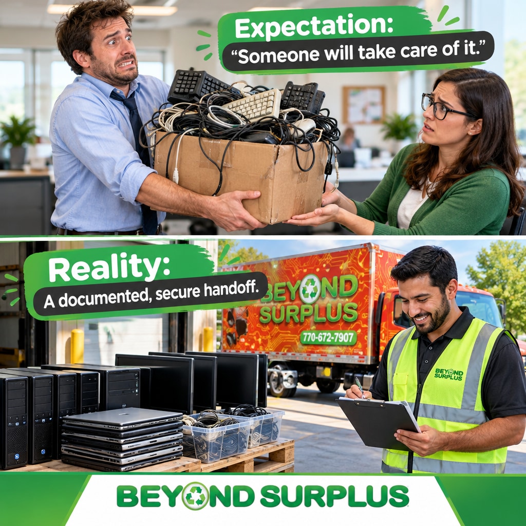 BeyondSurplus's tweet photo. Handing an overflowing box of mystery cords to a coworker is not a secure disposal plan. Let’s trade awkward handoffs for a documented chain of custody. https://t.co/akj7NdGp8x