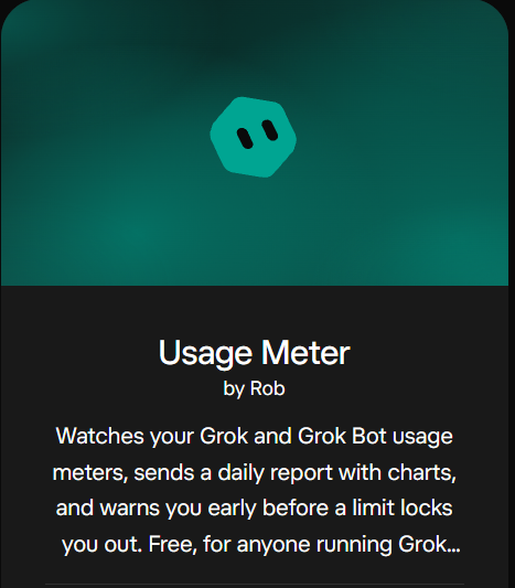 testafortedev's tweet photo. Ever had Grok lock you out mid-project? 😩

Meet my Grok @bot Usage Meter. It watches your Grok and Grok Bot usage, sends a daily report with charts, and warns you early before you hit a limit.

Free, from Testaforte Entertainment. More Bots on the way. https://t.co/wqmb0tYkjP
