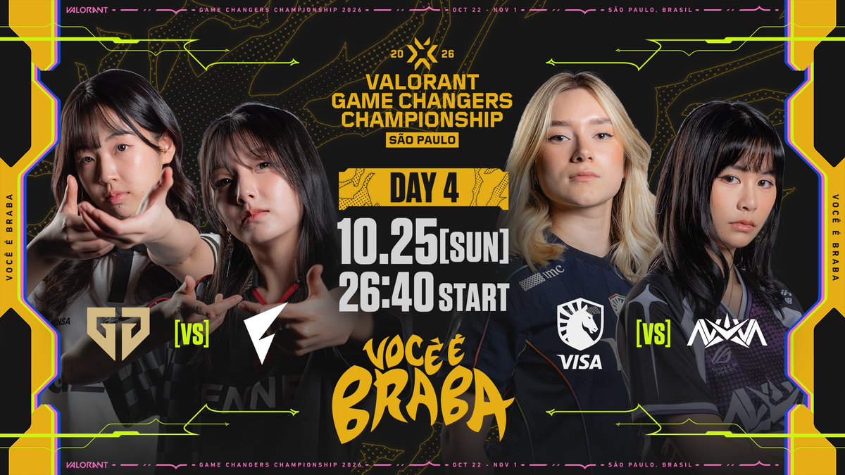 valesports_jp's tweet photo. #VCTGameChangers Championship São Paulo DAY 4
10/25(日) - 26:40 START👊

⚔️Match 1
@geng_gold vs @FENNEL_official 

⚔️Match 2
@TeamLiquidBR vs @NovaEsportsTeam 
 
🎙️キャスター
谷藤 博美 / @Romitnfj 
Retloff / @Flarejpn https://t.co/tJYwQkTdbh