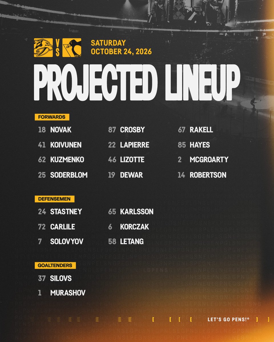 penguins's tweet photo. Tonight's lines vs. Nashville ⬇️ https://t.co/gZ0PMH1Opu