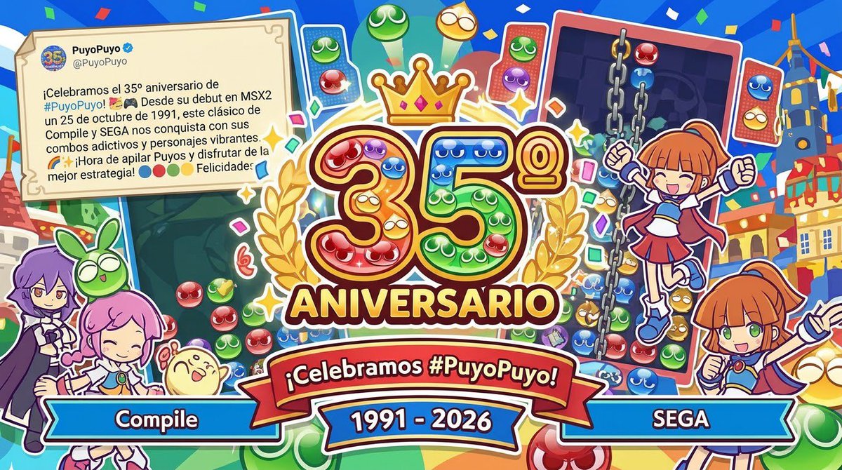 FranReloaded's tweet photo. ¡Celebramos el 35º aniversario de #PuyoPuyo! 🥳🎮

Desde su debut en MSX2 un 25 de octubre de 1991, este clásico de Compile y SEGA nos conquista con sus combos adictivos y personajes vibrantes. 🌈✨ ¡Hora de apilar Puyos y disfrutar de la mejor estrategia! 🔵🔴🟢🟡

¡Felicidades! https://t.co/F3qzPNLpqj