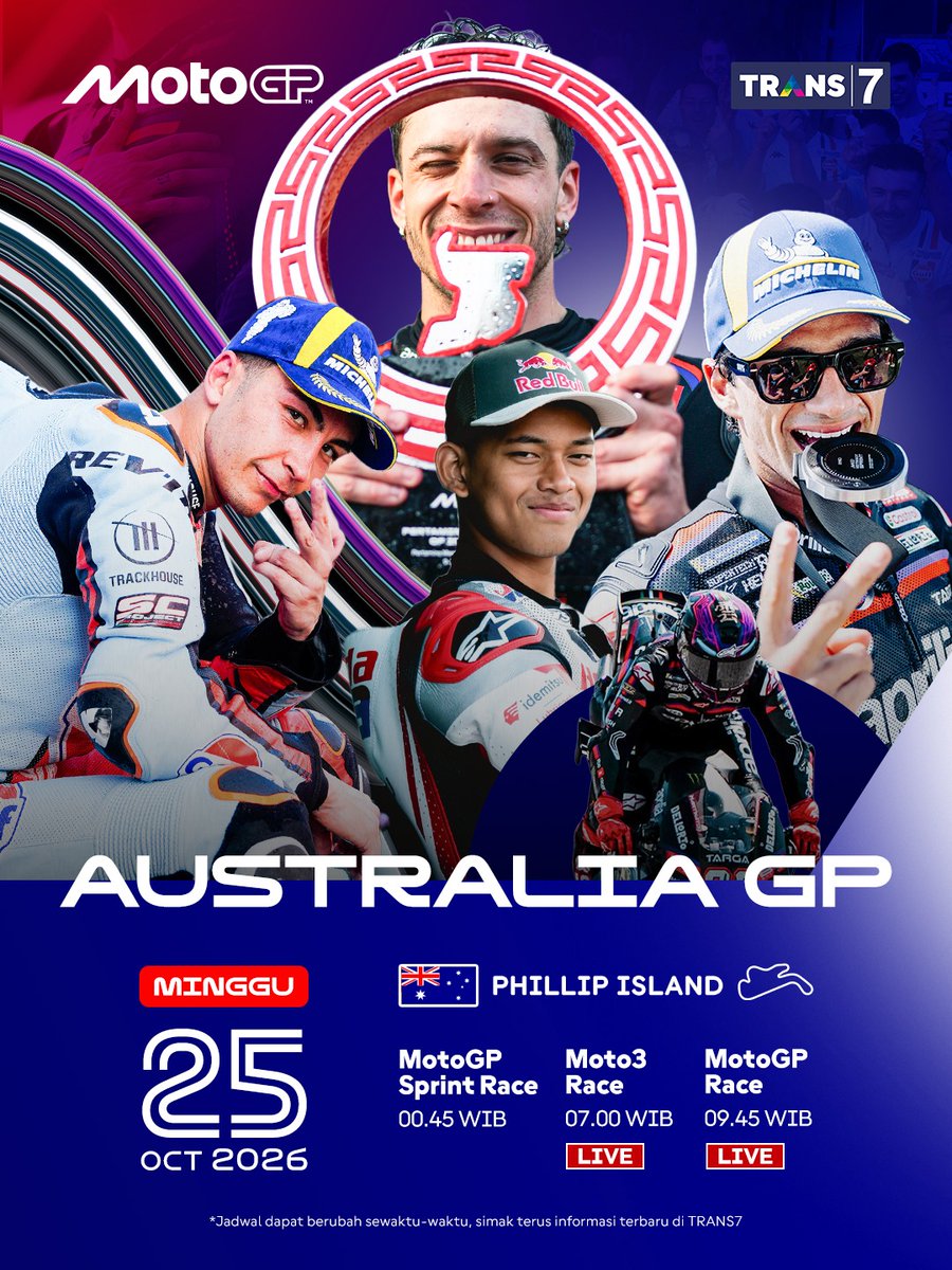 TRANS7's tweet photo. GO VEDA!! JOSSS 🔥🔥

Setelah mengukir sejarah, sebagai orang Indonesia pertama yang berhasil meraih pole position di kejuaraan Grand Prix. pada #AustralianGP , harapan pun kembali disematkan pada pundak Veda untuk membuktikan lagi bahwa Indonesia mampu! 💪🏼💪🏼

Semoga di lancarkan, minimal jangan crash yaa Veda 🙏🏼 Semoga jadi pembalap Indonesia pertama yang menjuarai Grand Prix, AMIINNN 🙏🏼🙏🏼
Saksikan perjuangan Veda Ega secara LIVE dalam race #AustralianGP🇦🇺 #diTRANS7aja
_
#MotoGP 🏁 #MotoGP2026
#MotoGPTRANS7