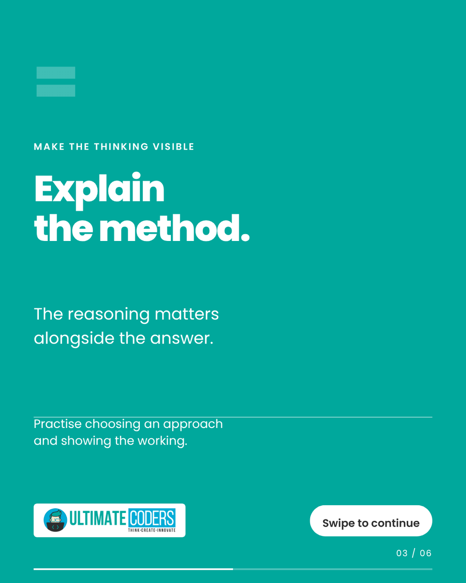 ultimatecoders's tweet photo. A correct answer is one part of learning math. Choosing a method and explaining the reasoning matter too.

Meet Ultimate Math for Grades 1–8: https://t.co/J6AJ1su5bw

#UltimateCoders #MathForKids

1/2 https://t.co/TGXuYfq0pb