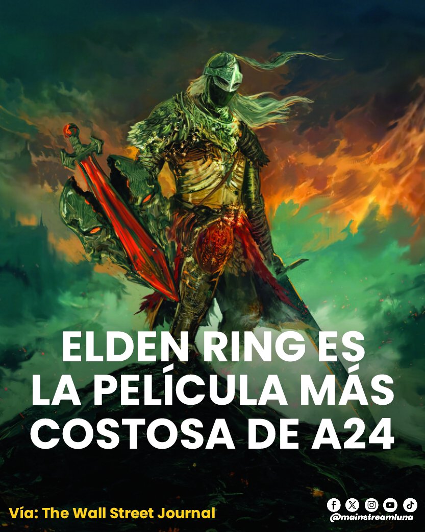 LunaMainstream's tweet photo. LA MÁS CARA DE A24 🤑 The Wall Street Journal informa que la adaptación del videojuego #EldenRing es la película más costosa en la historia de A24, con un presupuesto de $200MDD, sin marketing.

Hay muchísimo trabajo de efectos visuales por delante, y será muy costoso.

Para ponerlo en perspectiva, el récord anterior de A24 lo ostentaba "Marty Supreme" con 70 millones de dólares. Antes de eso, el récord lo tenía la propia "Civil War" de Alex Garland con 50 millones.

La película sigue programada para estrenarse el 3 de marzo de 2028.