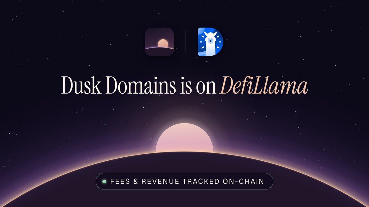 HeinDauven's tweet photo. Dusk Domains is now on @DefiLlama.

It tracks fees and revenue on-chain. Every registration, renewal and 2.5% market fee, read from the treasury vault's events.

https://t.co/6uusn91qzW https://t.co/XehV7KrkY9