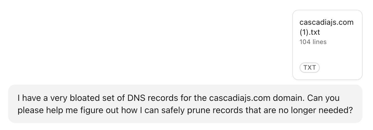 CascadiaJS's tweet photo. @eastdakota any chance @cloudflare could bake this agentic workflow into the DNS experience? https://t.co/OJZAkhGyQ4