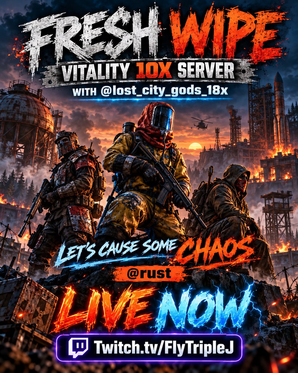 FlyTripleJTTV's tweet photo. 🔥 FRESH WIPE on Vitality 10X! I’m teaming up with @lost_city_gods_18x to build, raid, and cause some chaos in Rust. We’re LIVE! @rust
🔴 https://t.co/Uzb20I8VZ4

#Rust #RustGame #Gaming https://t.co/uCOLYU51wk