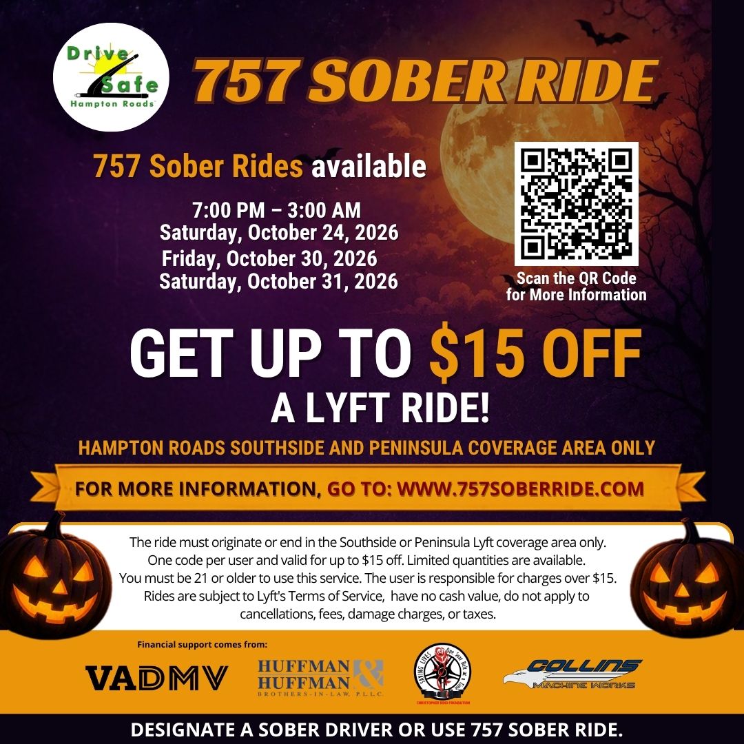 DriveSafeHR's tweet photo. This Saturday, October 24, 2026,  plan ahead before enjoying the Halloween festivities! Designate a sober driver or take advantage of #757SoberRide for up to $15 off your Lyft ride home. Remember, safety first, fun second! 🎃🚗 #DriveSober https://t.co/J7uu2EWe64