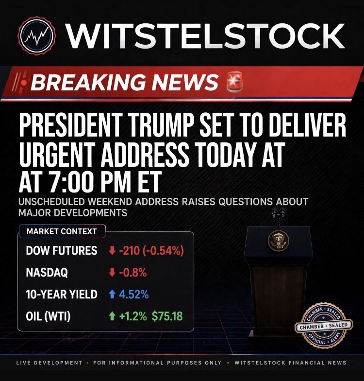 witstel88344's tweet photo. BREAKING 🚨 TRUMP URGENT ADDRESS
Today 7:00 PM ET - Unscheduled
Weekend addresses raise questions
Market on edge: Futures -0.5% | Oil +1.2%
Will you be watching?

#Trump #BreakingNews #WitstelStock #USMarkets https://t.co/JlYhW2Uv9x