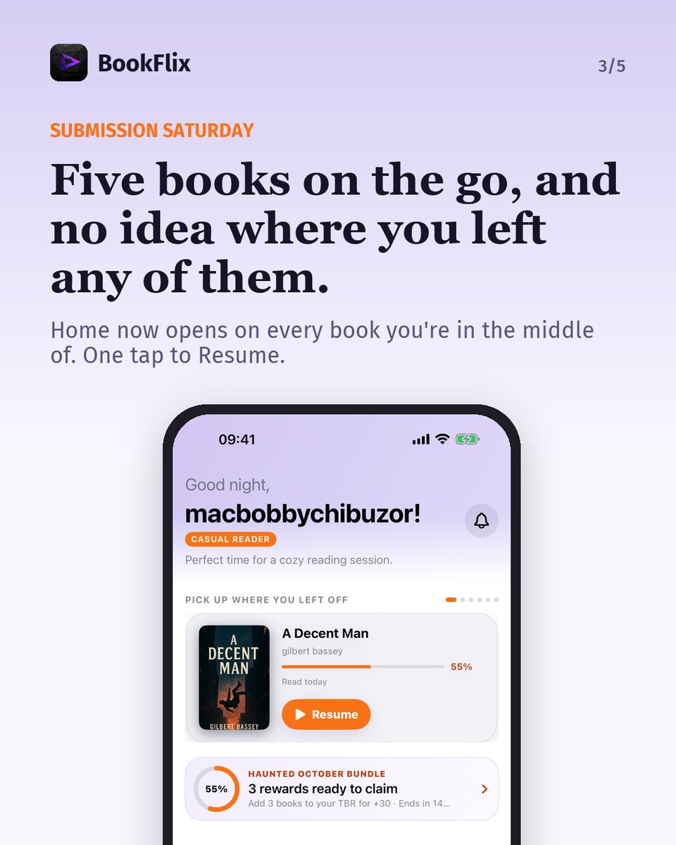bookflixapp's tweet photo. Submission Saturday 📦 Built today, on your iPhone in a few hours (Android right behind):

· scan a book's barcode straight into your TBR
· Home opens on every book you're halfway through
· read daily, earn points, unlock rewards (haunted edition) https://t.co/wW9bSb9IHx
