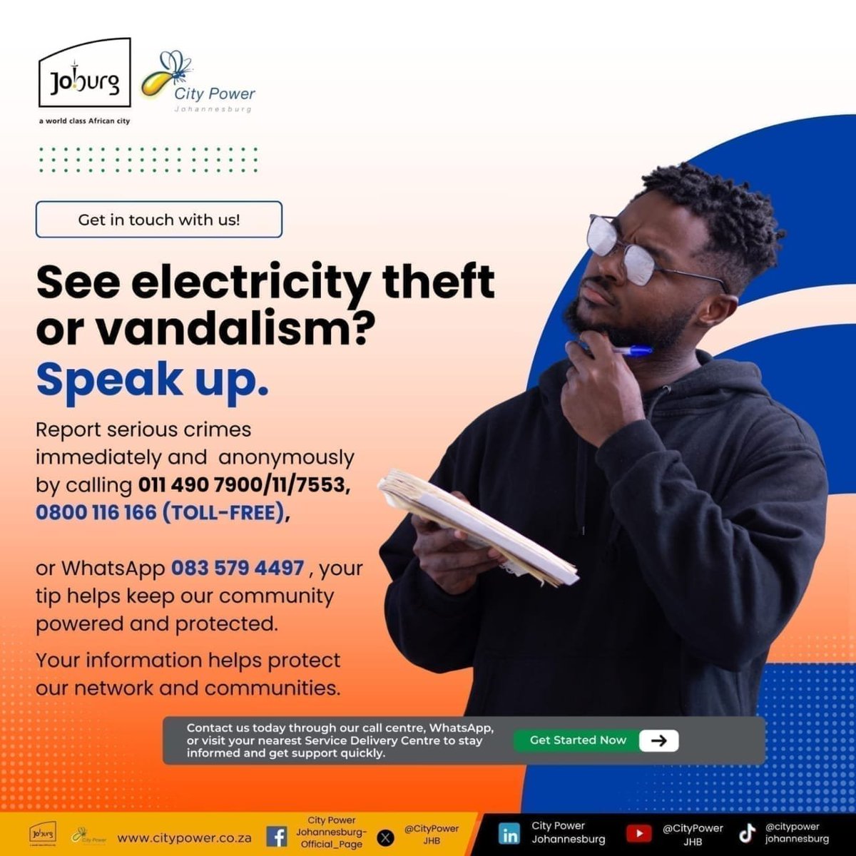 CityPowerJhb's tweet photo. #CityPowerAwareness

Protect our network. Protect our communities. Report electricity theft or vandalism anonymously. Call:  011 490 7900/11/7553 | 0800 116 166 
WhatsApp: 083 579 4497.  ^HN https://t.co/dUPLOmNx6m