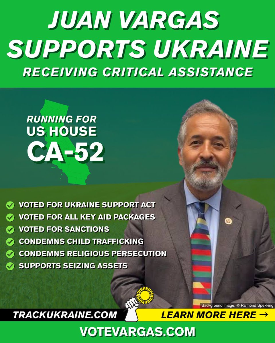 TrackUkraine's tweet photo. Democrat Juan Vargas @JuanVargas4CA is running for reelection in California's 52nd Congressional District [CA-52] on November 3.
✅Voted for the Ukraine Support Act
✅Voted for all key aid packages
✅Voted for sanctions
✅Supports seizing assets https://t.co/PdAWgh88Lj