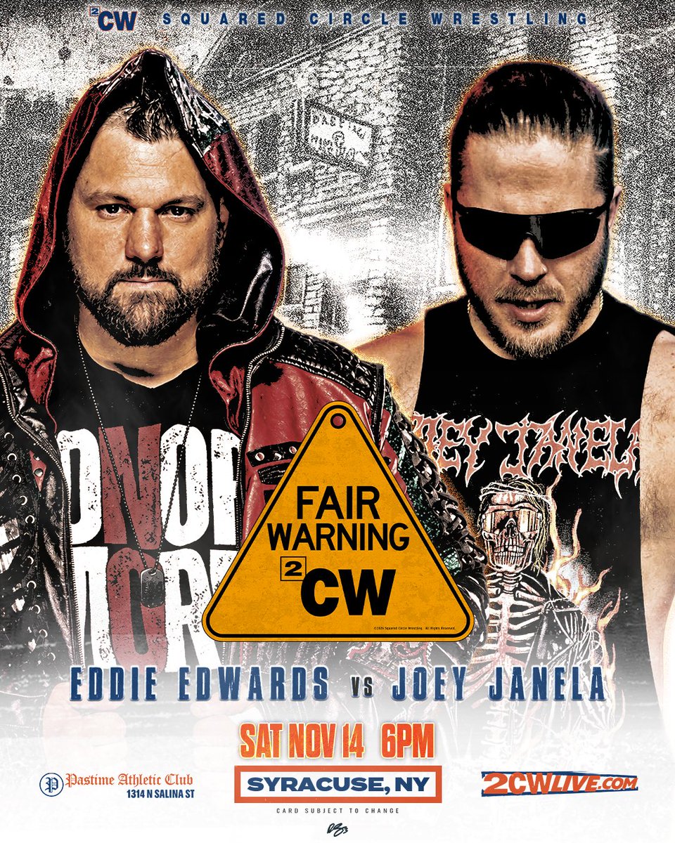 2CWrestling's tweet photo. It'll be a first-time-ever showdown as "Die Hard" Eddie Edwards takes on "The Bad Boy" Joey Janela at Fair Warning!

@TheEddieEdwards' 3rd 2CW match of 2026 &amp; 61st overall. @JANELABABY's debut. Don't miss our return to the Pastime in Syracuse!

🎫: https://t.co/TFdy7b6VEr https://t.co/1o3hy0Z3Vn