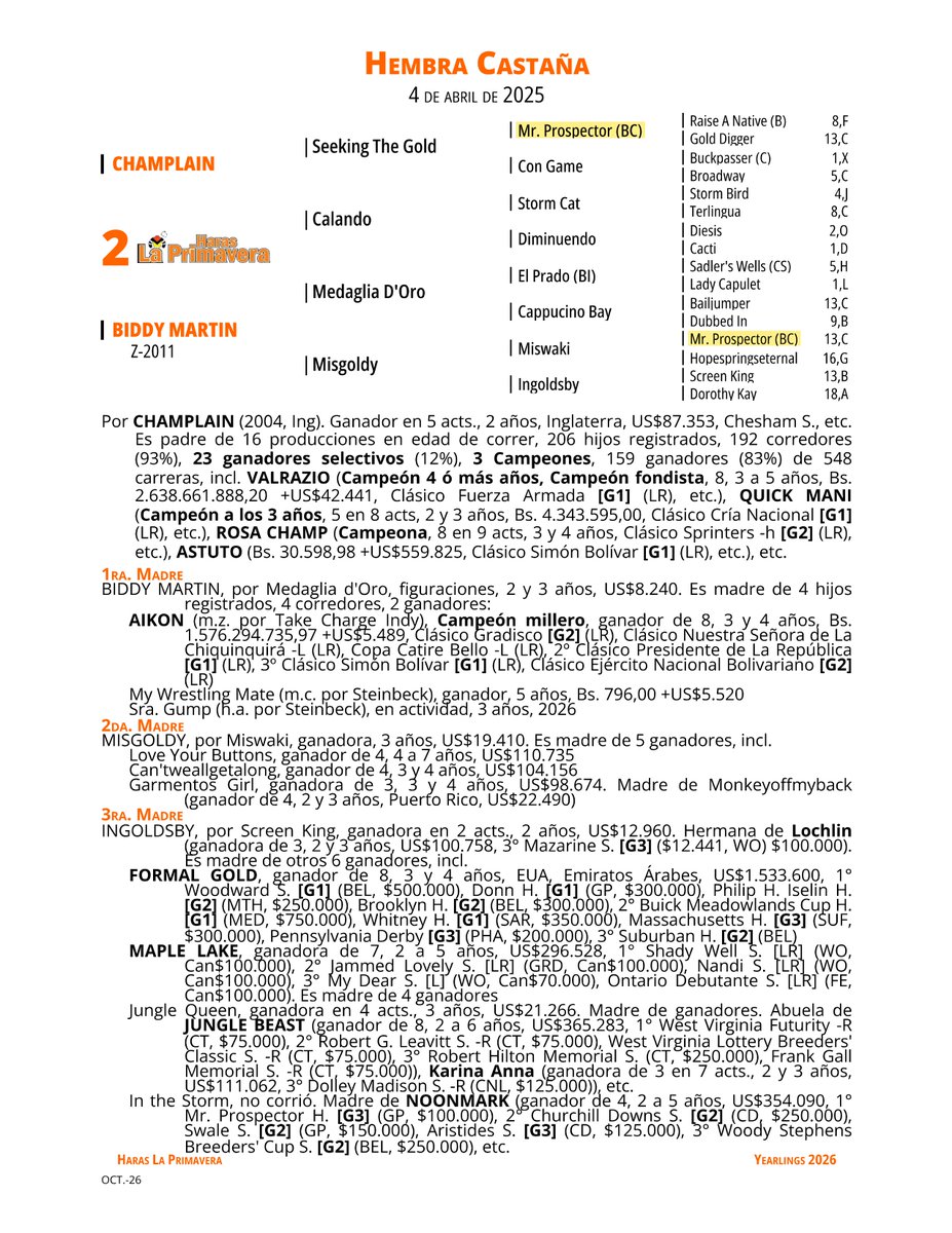 HLaPrimavera19's tweet photo. ¡Un pedigrí de lujo llega a la Subasta de Yearlings de Unicria!😍

La Primavera presenta a esta potranca nacida el 4-4-2025.🏆

Hija del Campeón semental CHAMPLAIN en  BIDDY MARTIN por  el sensacional MEDAGLIA D'ORO. ¡Una joya para la pista y para la cría! La hermana de AIKON🔥 https://t.co/SwMqdvBOrX