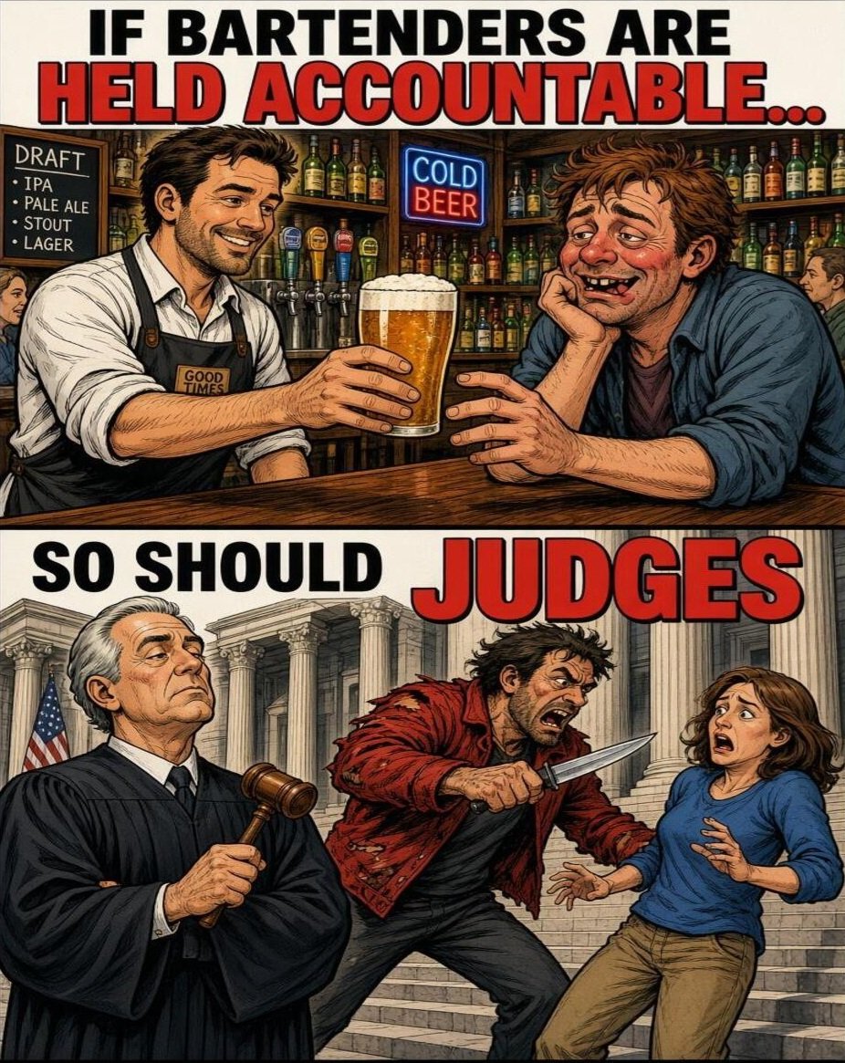 PlanetOfMemes's tweet photo. In some states, bartenders get held liable for overserving alcohol to patrons who injure or kill someone.

So, why do judges keep getting a free pass when they release repeat offenders who do the same?

Should soft-on-crime judges be held liable? https://t.co/3gIZaR8SB2