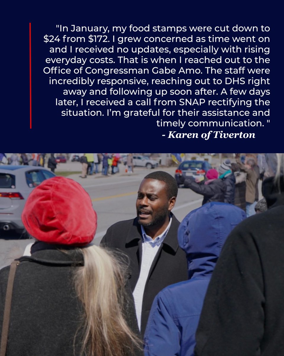 A graphic with a testimonial in white text on a dark blue background above a photograph of a man speaking with several people outdoors on a city street.