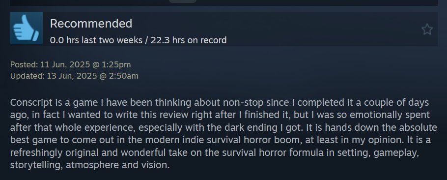MochiJordan's tweet photo. CONSCRIPT isn't for everybody -- it has its fair share of negative reviews outlining exactly why certain mechanics don't work for some. 

But man there is no better feeling as a dev then when the type of person it was made for totally understands and appreciates it. https://t.co/TnAzFVaqhb