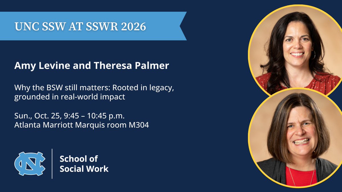 UNC_SSW's tweet photo. Join us on the final day of #CSWE26 tomorrow for Amy Levine and Theresa Palmer’s presentation on why the BSW still matters.

📅 Sunday, October 25
🕜 9:45 – 10:45 a.m.
📍Atlanta Marriott Marquis room M304 https://t.co/97E5wkbtZm
