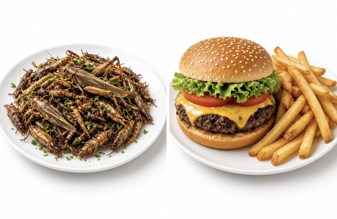 BionicMullet's tweet photo. The Democrats want you to eat bugs for the climate.

Elon Musk wants you to eat hamburgers because they taste good.

Pick a side. https://t.co/H4cxb3Mc2J