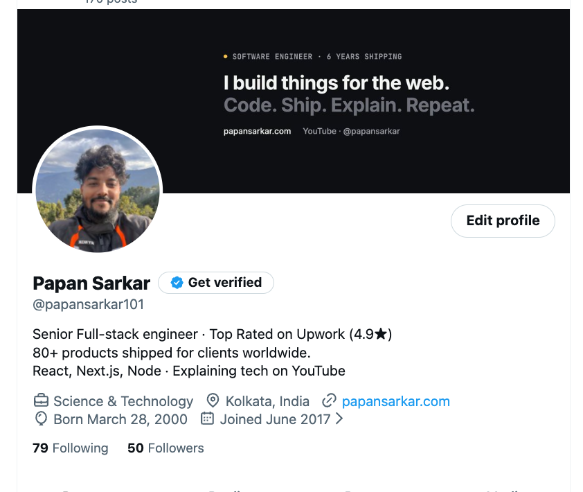 papansarkar101's tweet photo. 50 Followers in 2 days! You guys are awesome 🙌  

It's crazy how I'm already connected to so many like-minded people who share the same thoughts and vibe.  

Always looking to meet more cool people here—if we think alike, say hi and let's connect! 🤝

@X #CONNECT #developers https://t.co/7MCZGrRf1b