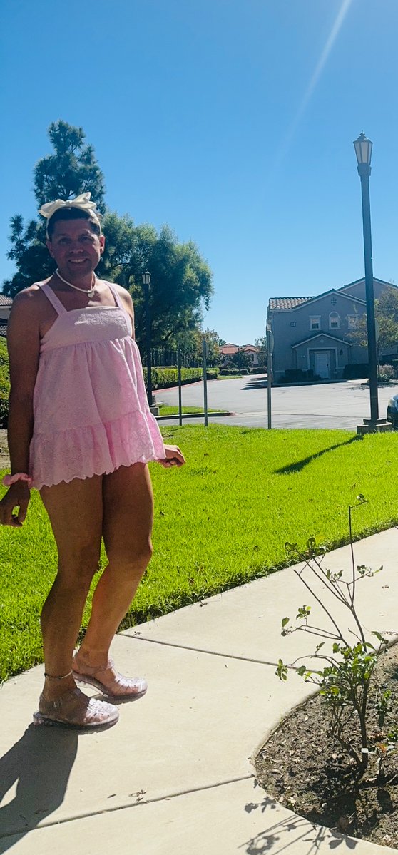 sissypansy35's tweet photo. Can’t hide… Standing outside for everyone to see in my super short, but super cute pink, sundress and clear jelly sandals. I am not a man… I never was. I am a girly feminized to sissy for life now. #SissyExposure #PublicExposure #PublicHumiliation #MarkIsMadison https://t.co/VpuHbbiA2x