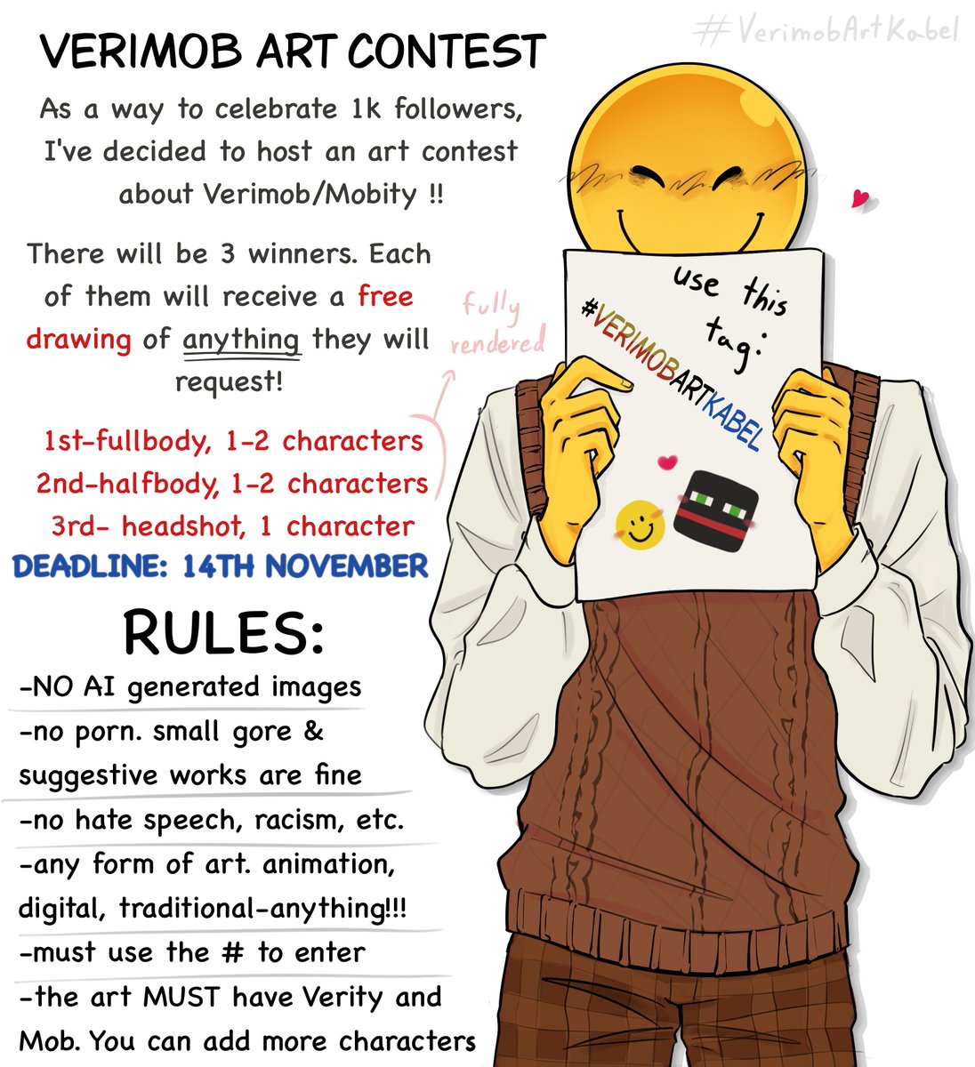 kvabel_'s tweet photo. Since i'm about to hit 1k followers, i've decided to host a contest about Verimob :))

use this tag: #VerimobArtKabel so i can see your work. feel free to tag me as well!

If you have any questions, ask me in the comments
#verimob #mobity #thatmob #artcontest #verity #veritymob https://t.co/fGARidB7VC