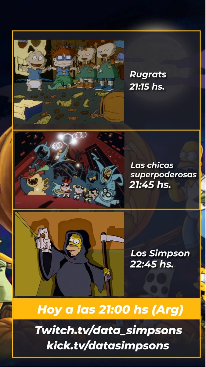 Data_Simpsons's tweet photo. En menos de una hora sale un stream de sábado y de halloween: Rugrats, Las chicas super poderosas y Los Simpson.

21 hs en https://t.co/b7Hbfx1KCM
https://t.co/TCeqHvglrq https://t.co/HnZZe33x8R