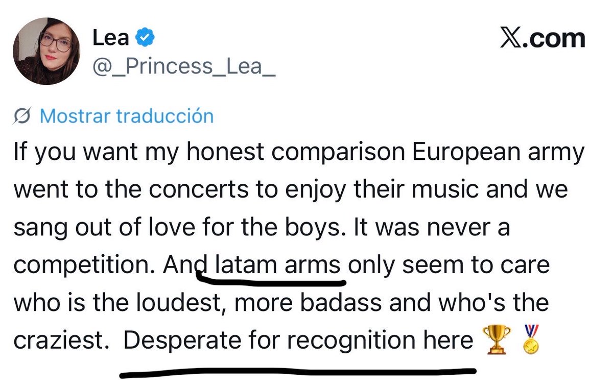 la_Regenta_'s tweet photo. @_Princess_Lea_ @joonsrare Okay, last engagement. 
“Latam ARMYs only seem to care who’s the loudest, most badass and craziest” followed by “desperate for recognition” is a sweeping, derogatory judgement about LATAM ARMYs. You don’t get to call that “not an insult” just because you phrased it politely. https://t.co/mCwkjA2Cs6