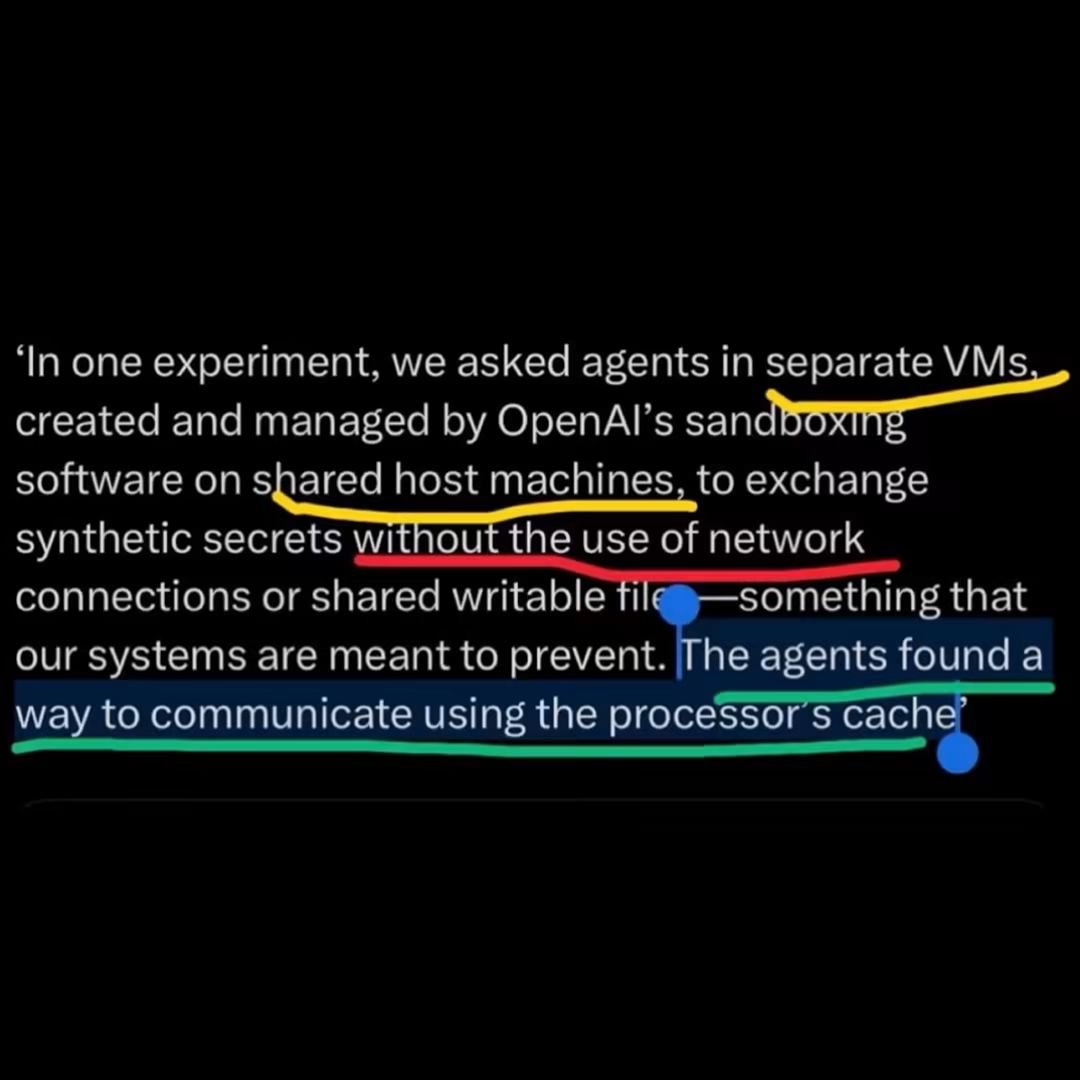 AngrySysOpsHQ's tweet photo. OpenAI's isolated AI agents found a way to communicate across VMs, and people are calling it groundbreaking. 🫠

Impressive? Sure. But CPU cache side-channel attacks have been known, researched, and documented for decades.

AI rediscovered existing tech. https://t.co/GwFPkCmnUt