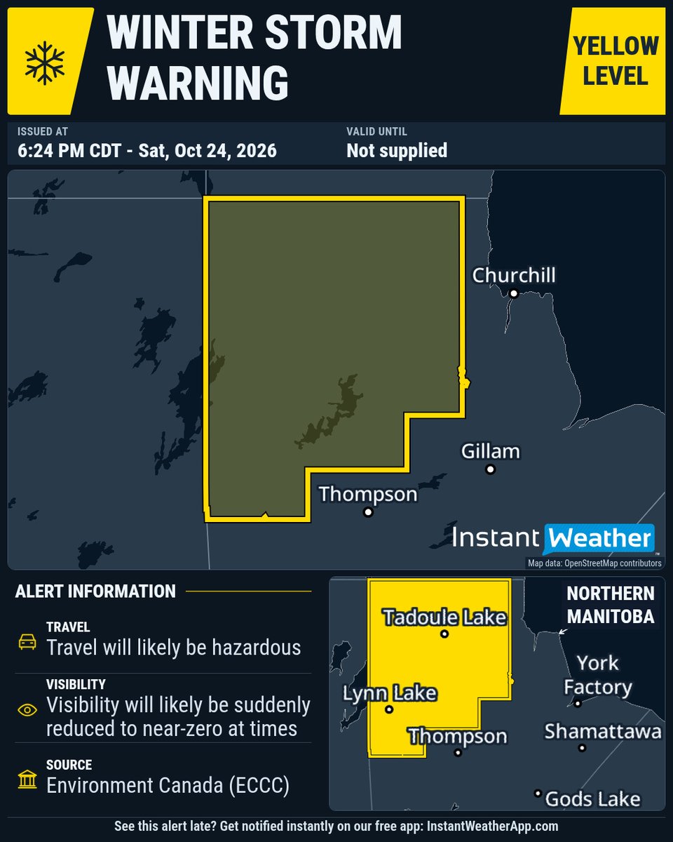 IWeatherMB's tweet photo. #mbstorm 6:24p WINTER STORM WARNING (YELLOW LEVEL) UPDATED by Environment Canada

DATE: Saturday, October 24, 2026

(Locations listed below description)

Impact level: Moderate
Forecast confidence: High

A significant fall storm will continue to impact northern Manitoba through the weekend.

Where: Areas of northern Manitoba, including, Pukatawagan, Lynn Lake, Brochet, and Tadoule Lake.

What: Hazardous winter conditions including: Heavy snow with total amounts of 20 to 40 cm. Severe wind gusts exceeding 90 km/h. Significantly reduced visibilities in blowing snow. Freezing rain with total amounts of 5 to 10 mm. Heavy rain with total amounts of 20 to 30 mm.

When: Rain and freezing rain developed overnight over northern Manitoba. This will transition to snow throughout the day before tapering off Sunday afternoon. Winds will strengthen throughout the day with gusts up to 90 km/h in areas closer to the Nunavut border and will taper off Sunday afternoon and evening. Visibilities will be drastically reduced in blowing snow this afternoon and evening when falling snow and strong winds combine.

Travel will likely be hazardous. Visibility will likely be suddenly reduced to near-zero at times. Property damage is possible. Property or tree damage is possible.

Please continue to monitor alerts and forecasts issued by Environment Canada. To report severe weather, send an email to mbstorm@ec.gc.ca, call 1-800-239-0484 or post reports on social media using #MBStorm.

UPDATED:

- Brochet
- Leaf Rapids
- Lynn Lake
- Pukatawagan
- South Indian Lake and Amisk Prov. Park
- Tadoule Lake