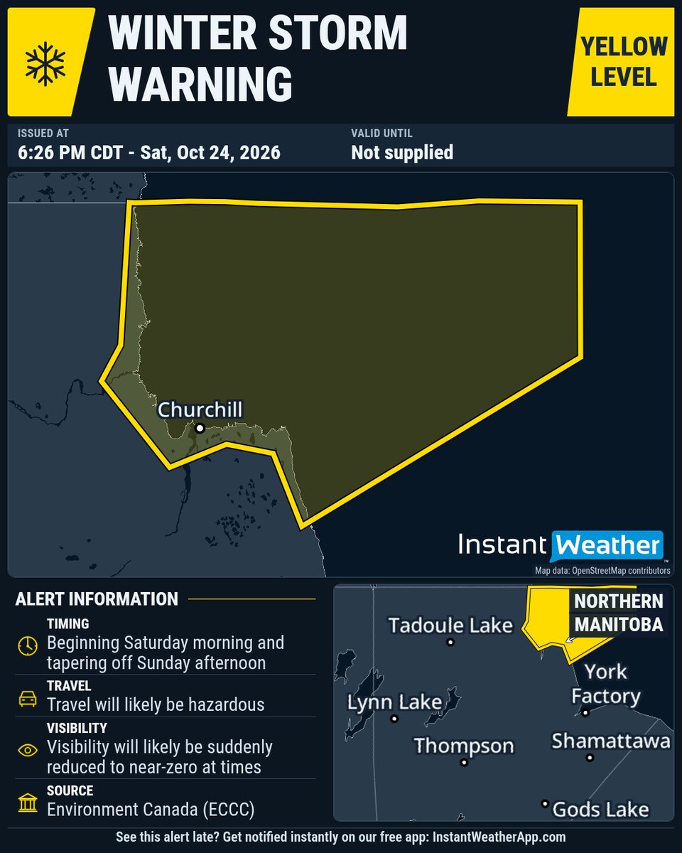IWeatherMB's tweet photo. #mbstorm 6:26p WINTER STORM WARNING (YELLOW LEVEL) UPDATED by Environment Canada

DATE: Saturday, October 24, 2026

(Locations listed below description)

Impact level: Moderate
Forecast confidence: High

A significant fall storm will continue to impact northern Manitoba and the kivalliq through the weekend.

Where: Churchill and Arviat

What: Hazardous winter conditions including: Snow with total amounts of 10 to 25 cm severe wind gusts possibly exceeding 110 km/h. Significantly reduced visibilities in blowing snow. Rain with total amounts of 20 to 30 mm.

When: Beginning Saturday morning and tapering off Sunday afternoon.

Remarks: Precipitation will begin in this area today as rain or freezing rain before transitioning to snow and blowing snow this evening and overnight. Very strong winds will occur also, with gusts up to a possibly 100 to 110 km/h, with drastically reduced visibilities in blowing snow. Snow and winds will gradually taper off Sunday afternoon.

Travel will likely be hazardous. Visibility will likely be suddenly reduced to near-zero at times. Local utility outages are likely. High-sided vehicles will be pushed around by the wind. Prepare for quickly changing and deteriorating travel conditions. Secure loose objects.

Please continue to monitor alerts and forecasts issued by Environment Canada. To report severe weather, send an email to mbstorm@ec.gc.ca, call 1-800-239-0484 or post reports on social media using #MBStorm.

UPDATED:

- Churchill
