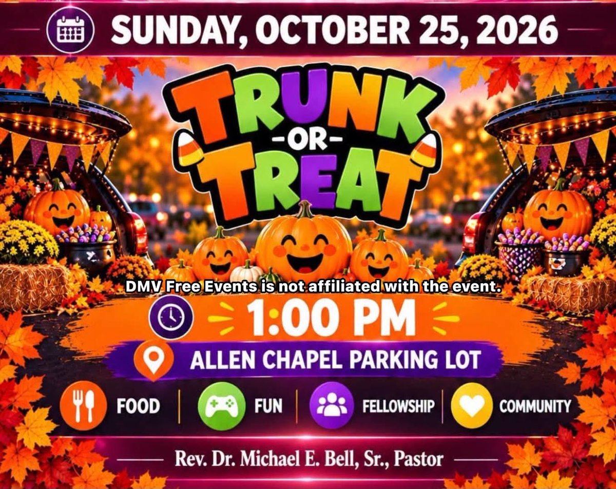 DMVFreeEvents's tweet photo. October 25, 2026
2498 Alabama Ave SE, Washington D.C.
Trunk or Treat 
Disclaimer: DMV Free Events is not affiliated with the event. For questions or concerns, refer to the pinned post located at the top of the page for DMV Free Events. #DMVFreeEvents https://t.co/4j25Ni8pKQ