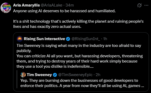 RisingSunInt_'s tweet photo. @allegrajacchia  Is harassing developers because they use AI to create games acceptable on X now? People can dislike AI without targeting and bullying creators. Is this behavior allowed on your platform? https://t.co/vdD0jt4Nve