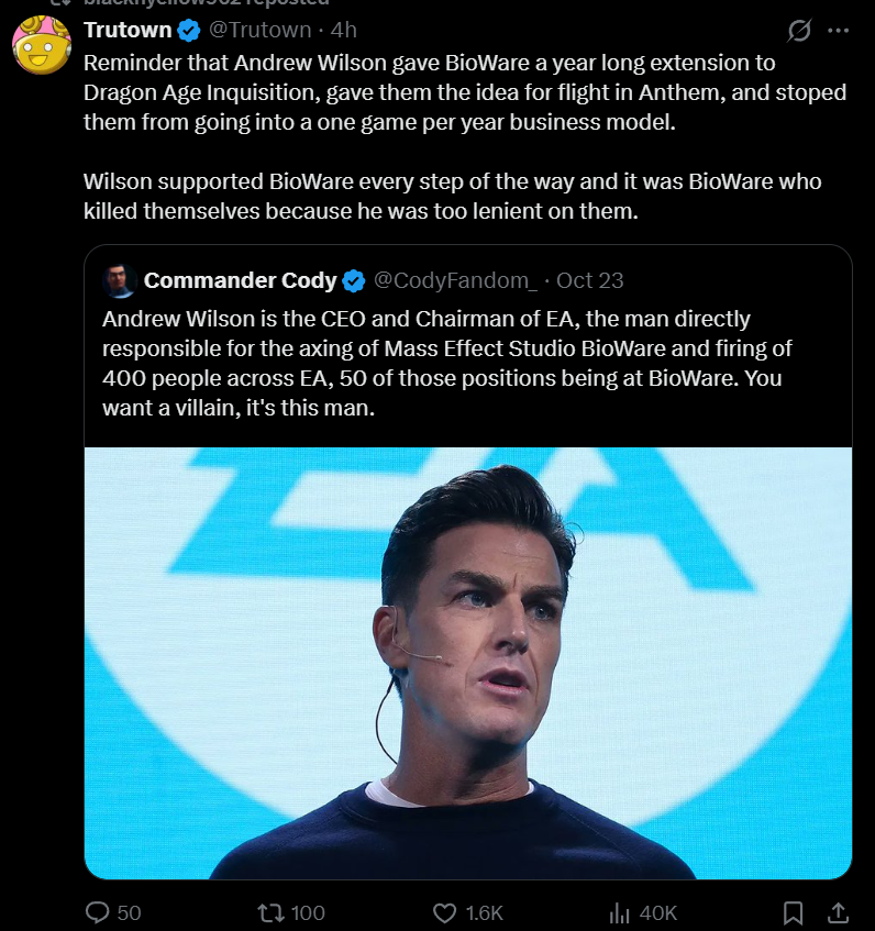 Grummz's tweet photo. I don't know of many execs that would have given Bioware so many chances.

It's just popular to blame capitalism and greed when the blame is just that the games didn't work...and the devs had control over that. https://t.co/9R64Xj7vri