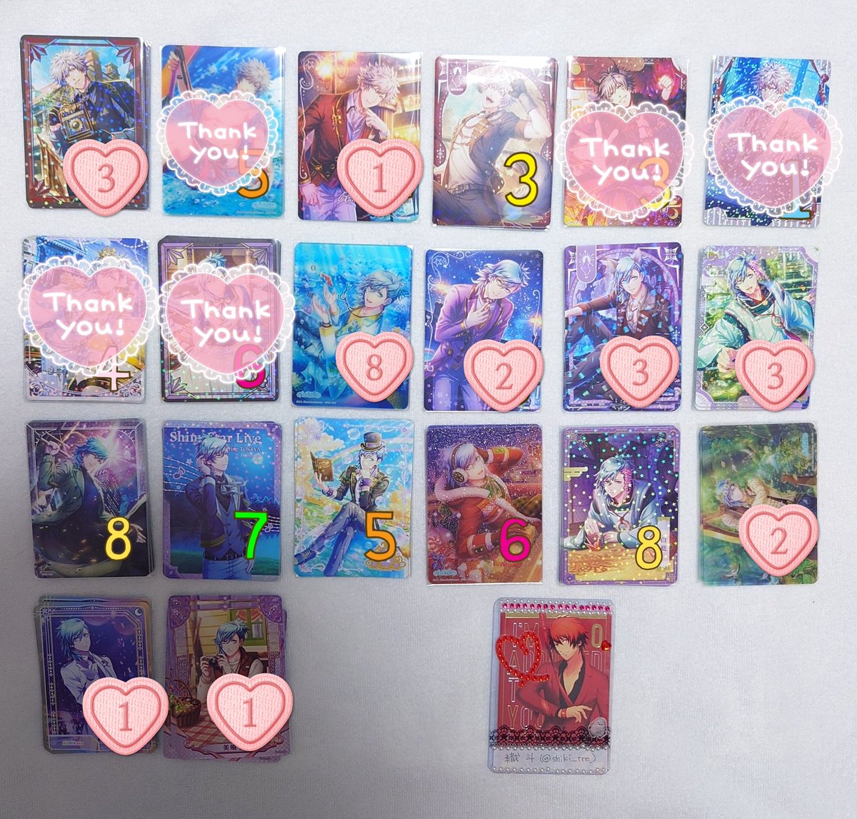 shiki_tre's tweet photo. うたプリ ビジュコレ シャニライ カード 交換

お譲り
セシル、嶺二、蘭丸、藍、カミュ

求む
画像1枚目 音也、トキヤ

郵送(3枚〜)、札幌市内手渡し可能。同レア同士の交換。お気軽にお声かけください。よろしくお願いします。 https://t.co/yvQWlgZjfS