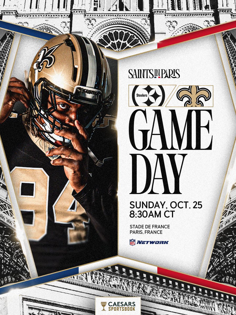Saints's tweet photo. Bonjour, game day🇫🇷

🏈 vs Steelers
🕣 8:30 AM CT
📺 NFL Network/WDSU
📻 WWL Radio

#Saints | @CaesarsSports https://t.co/hzCoOuAvRD