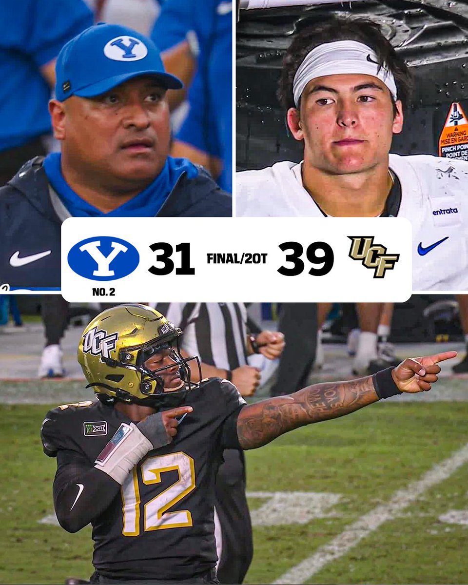 espn's tweet photo. DOWN GOES NO. 2 😱

UCF upsets No. 2 BYU in DOUBLE OT for its first-ever win vs. an AP top-5 team 🔥 https://t.co/z8t0mOnElN