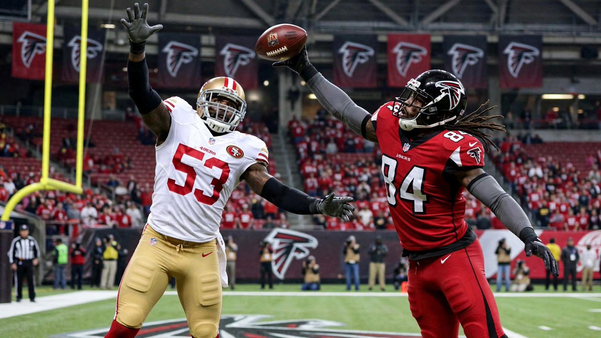 Essential49ers's tweet photo. The 49ers have won in Atlanta once in 25 years, and it was not a regular-season game. January 2013, NFC Championship, down 17-0, the biggest comeback in a conference title game, sealed by Bowman at the 10 with 73 seconds left. Tomorrow they try to do it the ordinary way. https://t.co/xbeHIxesjb