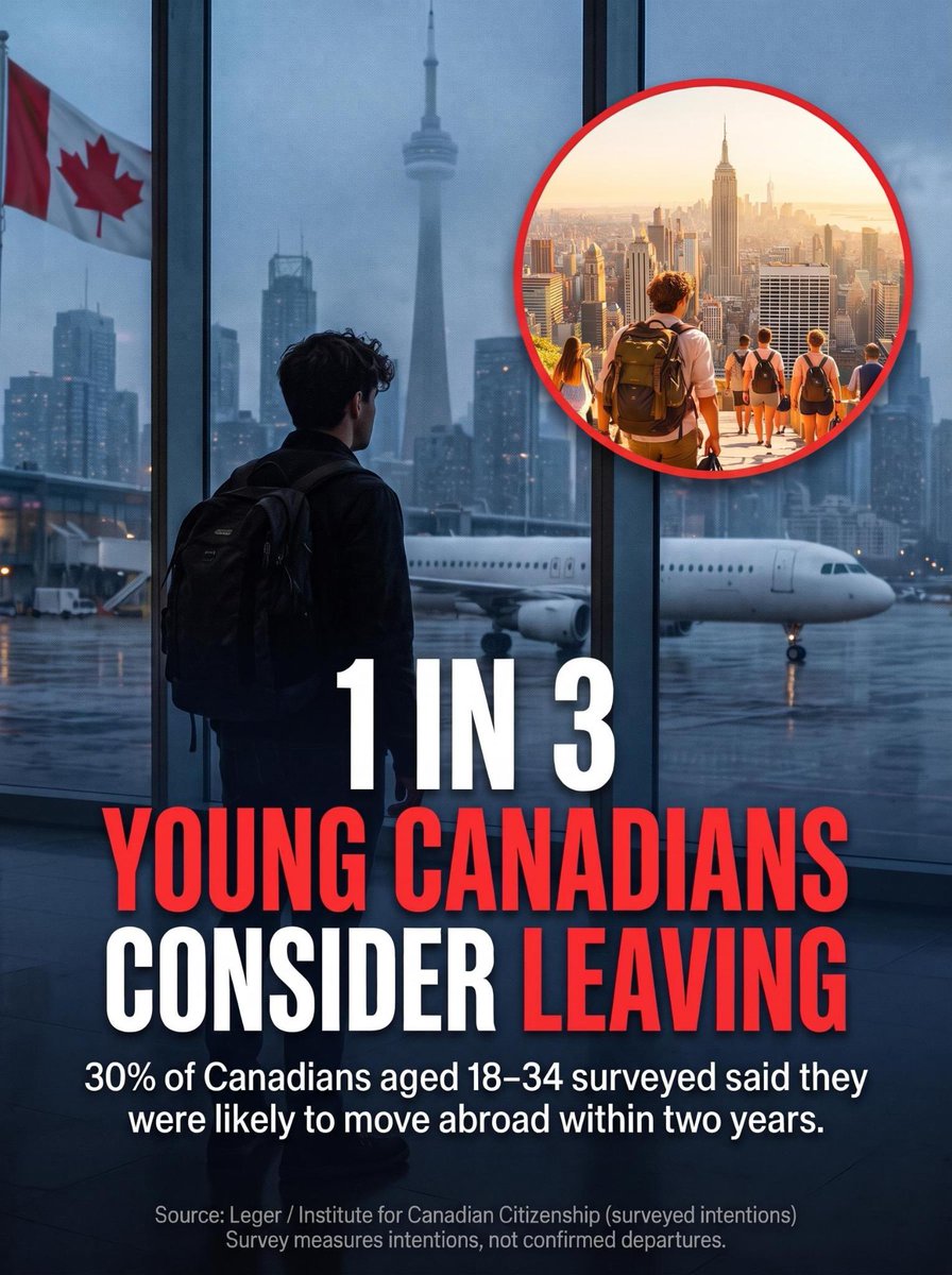 RiseOfAlberta's tweet photo. 🚨 POLL: 30% of young Canadians surveyed say they’re likely to leave Canada within two years.

Imagine being a country where nearly a third of your next generation sees its future somewhere else. https://t.co/kPdmKOUasO