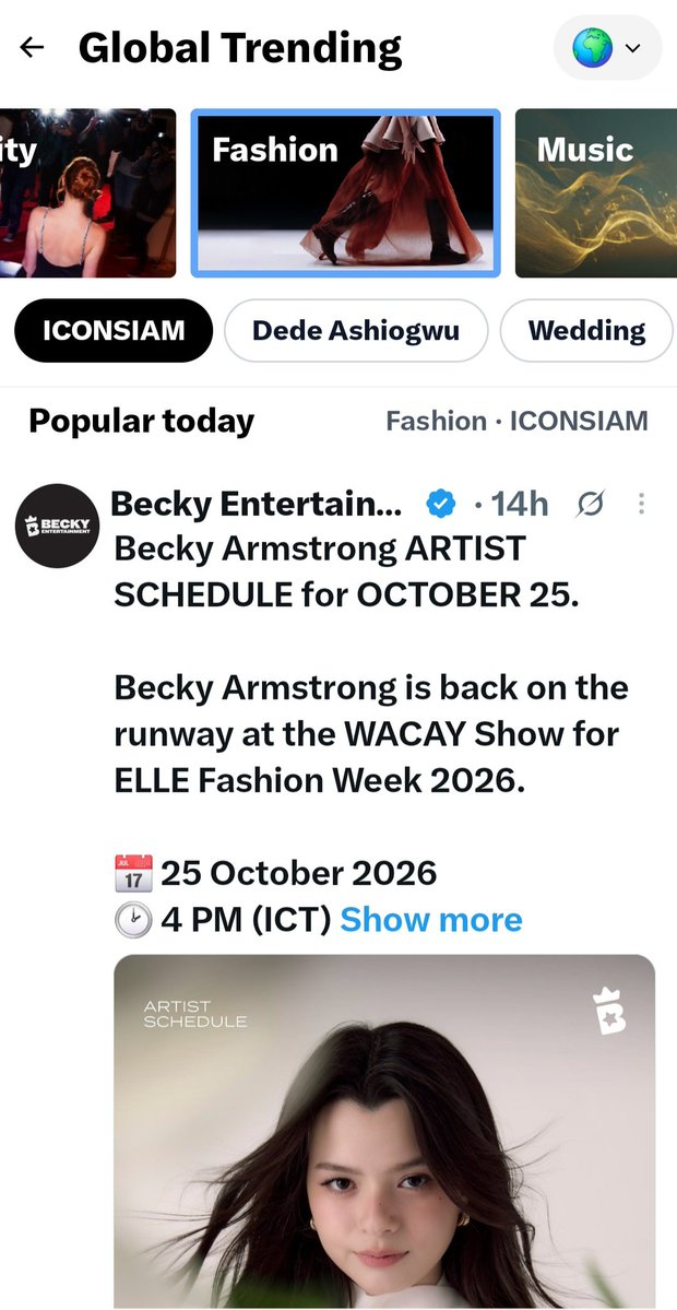 becky_support_'s tweet photo. X GLOBAL TRENDING 🌎

FASHION
✨ #BeckyArmstrong‌
✨ #ELLEFashionWeek2026
✨ #ICONSIAM
 
#WACAY #WacayGarden
#WACAYxEFW26 
#beckysangels‌ 
#BeckyEntertainment https://t.co/Mi9xW2EPWy