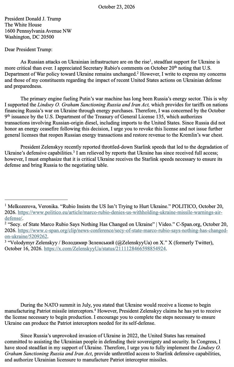 A photograph or scan of a formal letter addressed to the U.S. president, with several paragraphs discussing support for Ukraine, Russian energy sanctions, Starlink access, and Patriot missile production. Footnotes and web links appear in the middle of the page. There are no illustrations.