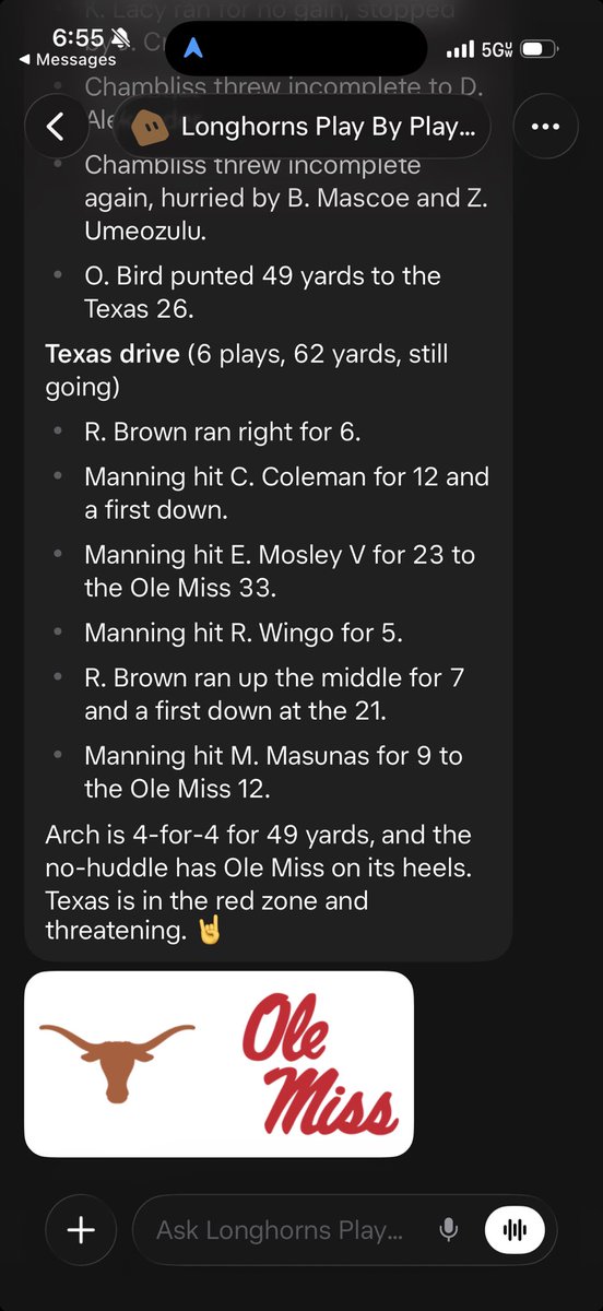 jon's tweet photo. Grokbot does sports.   My Texas Longhorns Play by Play bot gives updates and sends a text after every score and end of each quarter.   The 🤘(hook ‘em horns) emoji is of course included. https://t.co/9aNra3h6uA