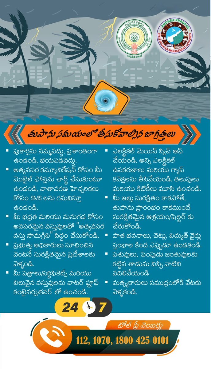 IPR_AP's tweet photo. 🌀 *ఆంధ్రప్రదేశ్ రాష్ట్ర విపత్తుల నిర్వహణ సంస్థ* 🌀

*రాబోయే తుపాను ముప్పు నేపథ్యంలో ప్రజలు అప్రమత్తంగా ఉండాలని, తగిన ముందస్తు జాగ్రత్తలు తీసుకోవాలని రాష్ట్ర విపత్తుల నిర్వహణ సంస్థ  మేనేజింగ్ డైరెక్టర్ ప్రఖర్ జైన్ తెలిపారు.* ప్రతి ఒక్కరూ క్రింది జాగ్రత్తలు పాటించాలని సూచించారు. https://t.co/OUuZAAzAH9