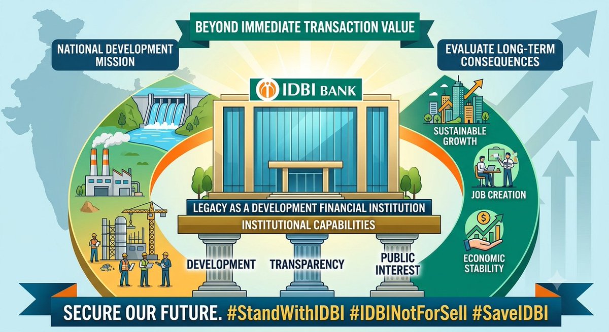 RaushanKumar25's tweet photo. IDBI Bank's story began with a national development mission.

Its legacy as a Development Financial Institution, its institutional capabilities and its role in banking deserve due consideration in every decision concerning its future.

Evaluate the long-term consequences—not just the immediate transaction value.

Development. Transparency. Public Interest.

#StandWithIDBI #IDBINotForSell #SaveIDBI 
@DFS_India @PMOIndia @FinMinIndia @RBI @rashtrapatibhvn