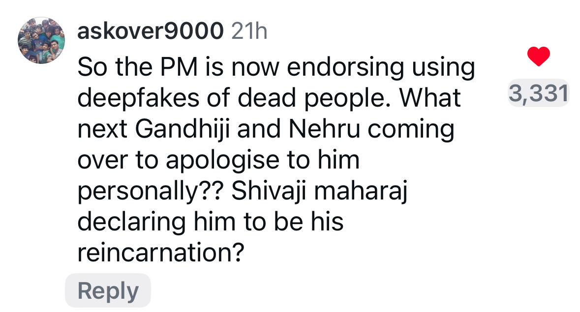 anushakunmittal's tweet photo. Comment from Instagram on NM using AI video of a sage to bless him. People of India can see Modi through and through now🤭 https://t.co/Iq4N0onRVA