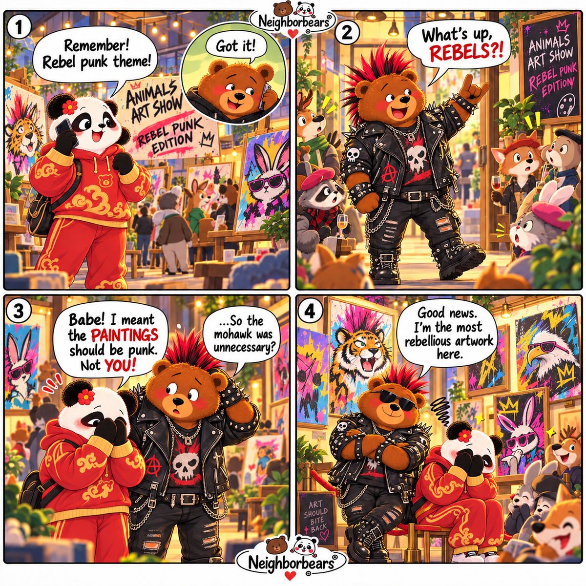neighborbears's tweet photo. 🐼: I asked for punk paintings. He showed up as the main attraction. 😭🐻 Dating him is basically giving creative directions to someone who only reads the keywords.

#Neighborbears #CoupleComics #Webcomics https://t.co/vYb8b96Agy