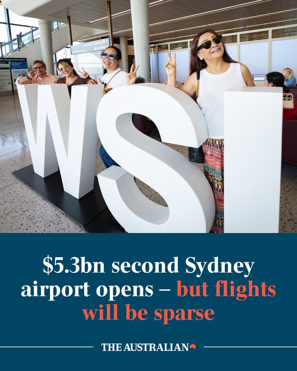 australian's tweet photo. Designed to grow to the size of Heathrow, Western Sydney’s $5.3bn airport has welcomed its first passengers on Sunday with Jetstar bound for the Gold Coast. Read the full story: https://t.co/XK92vtEptQ https://t.co/niiEWrnG4K