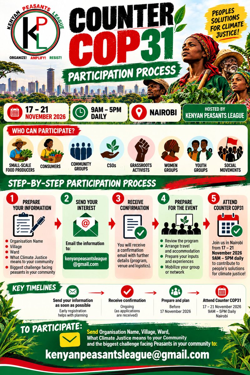 PeasantsLeague's tweet photo. 🌍 OUR SEEDS, OUR FOOD 

Join #CounterCOP31 in Nairobi, 17–21 Nov 2026, 9AM–5PM daily!

Peasants, consumers, women, youth &amp; social movements: inbox your org, village, ward, community climate justice vision &amp; biggest peasant challenge. 
✊🏾 Organise. Amplify. Resist! @via_campesina https://t.co/AnIlOUaYps