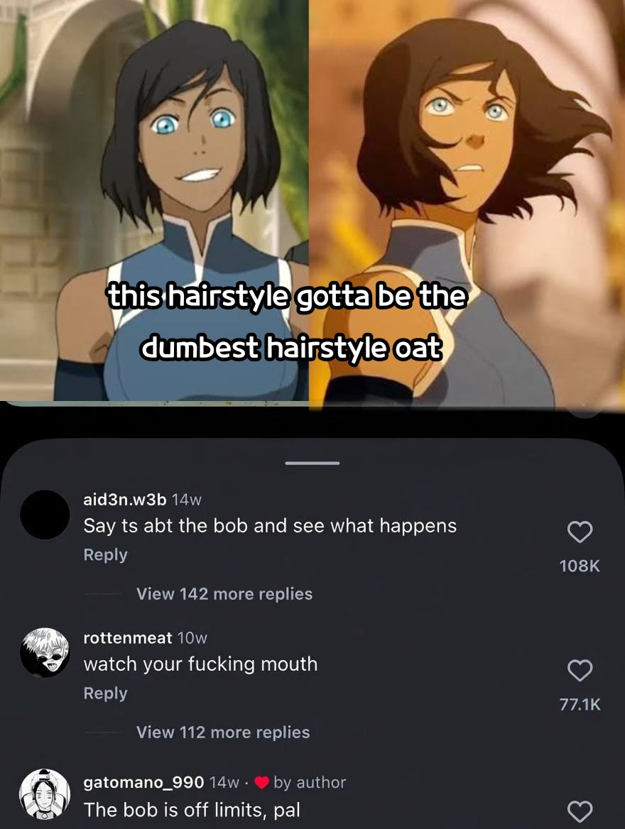nrmtenjoyer's tweet photo. My brother said he preferred Korra with longer hair and I felt like this defending her bob https://t.co/JAJXzAtyTm