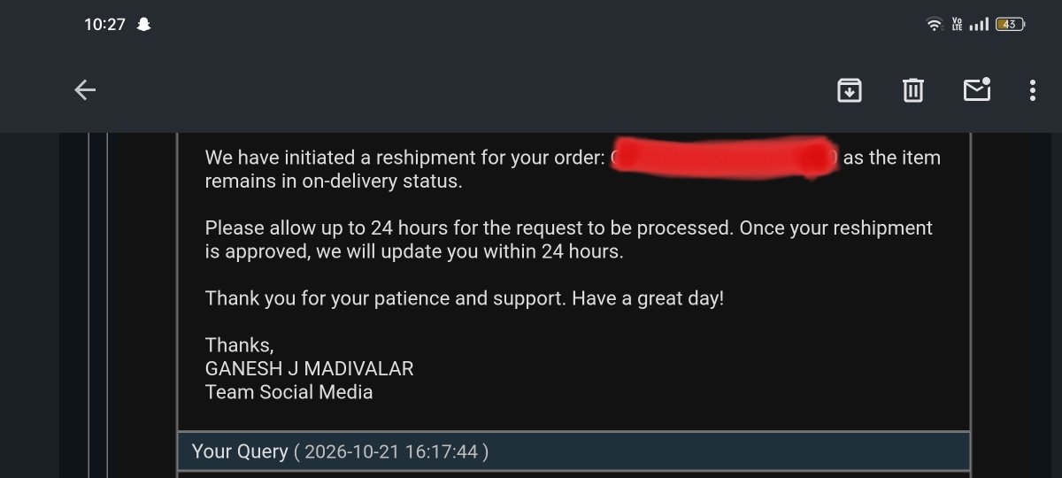 BhargavWaghade's tweet photo. 25 OCTOBER — STILL NO UPDATE! @Flipkart @flipkartsupport @_Kalyan_K Your 21 Oct email confirmed reshipment, yet 4 days later, I’m STILL chasing answers. “Prioritised” service? What a joke! Zero accountability, endless excuses. STOP TAKING CUSTOMERS FOR GRANTED. RESOLVE THIS NOW! https://t.co/lZ6OwRThaz